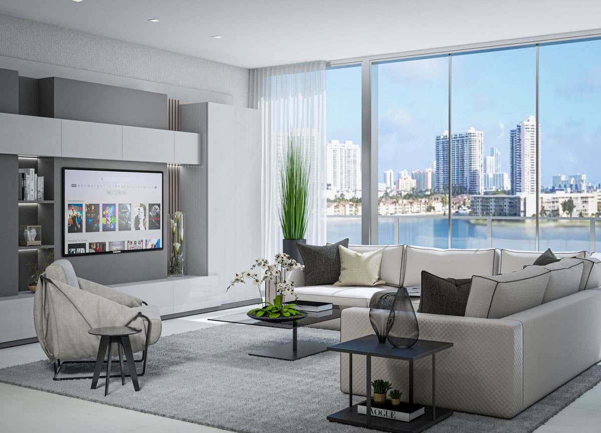 Tal Aventura Luxury Condos Living Room Waterfront Views
