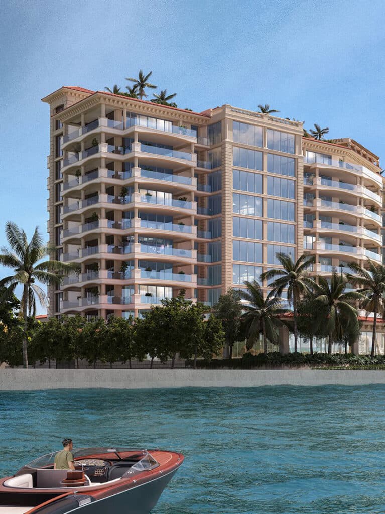 Six Fisher Island New Construction Condos By The Beach And A Man In The Boat