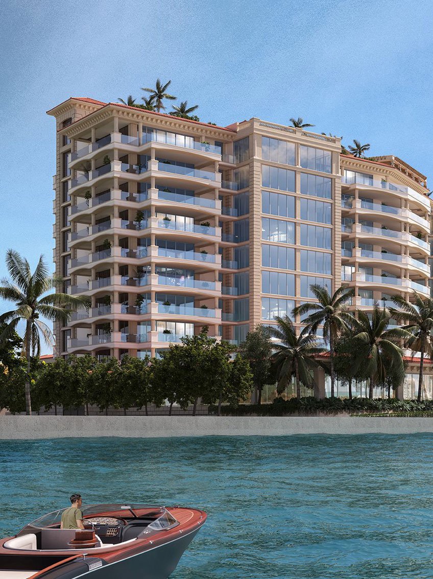 six fisher island new construction condos by the beach and a man in the boat